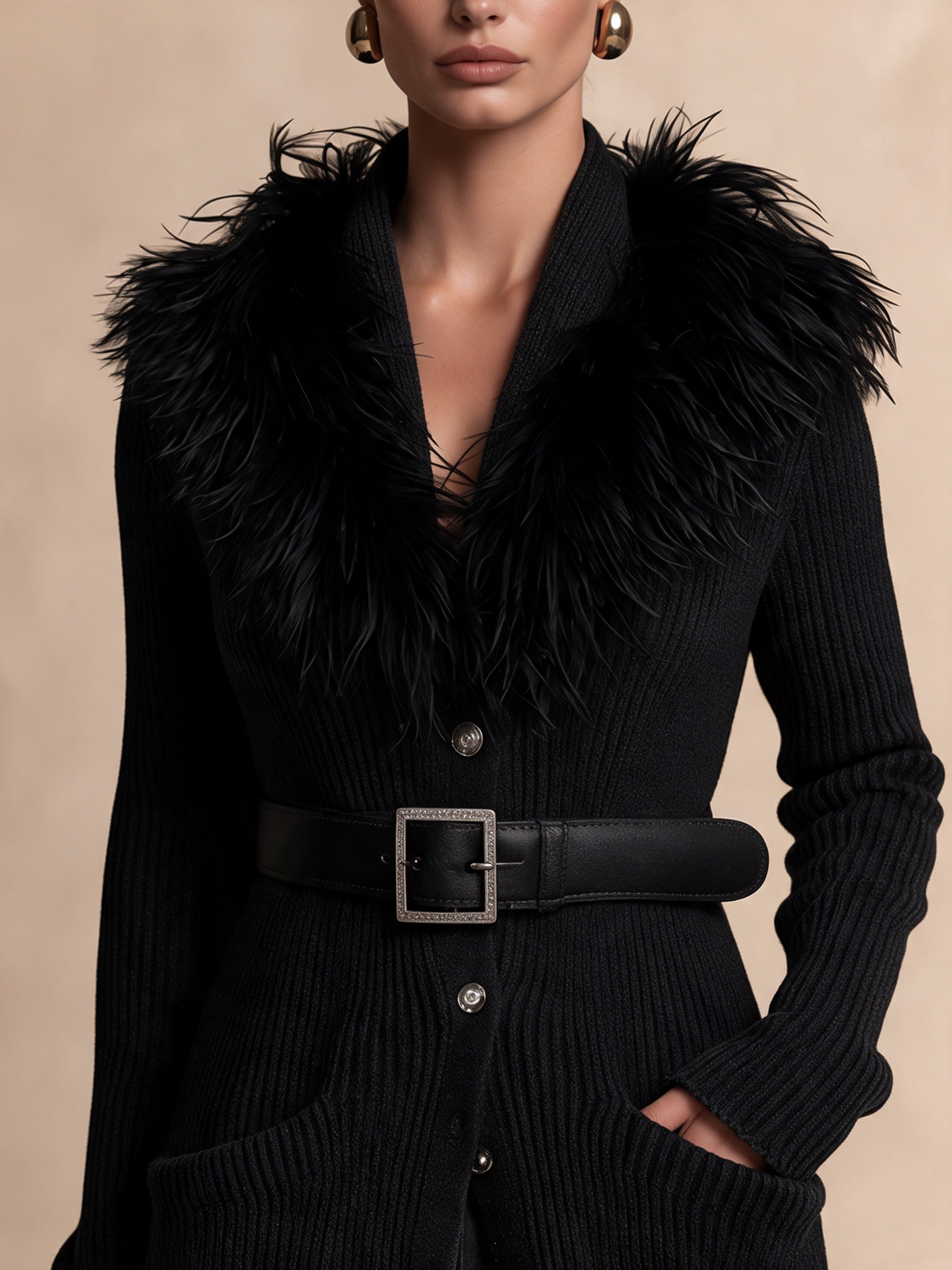 Women's Ribbed Knit Button-Up Cardigan with Fluffy Collar