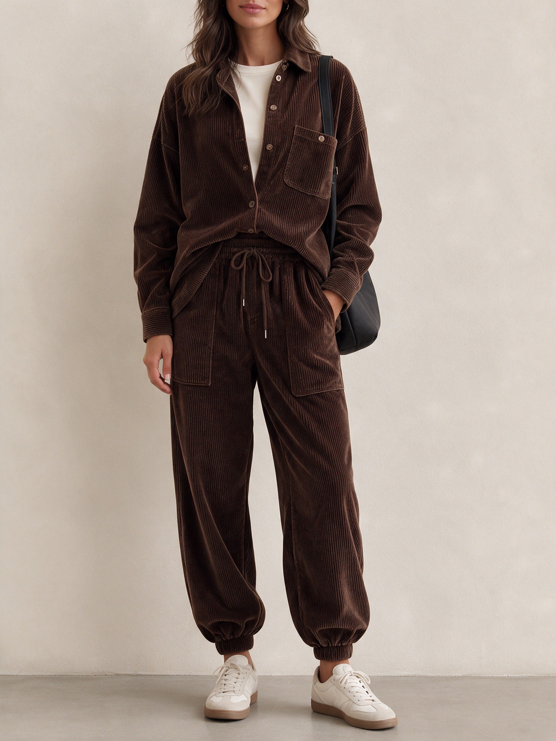 Women's Retro Corduroy Shirt And Jogger Pants Set