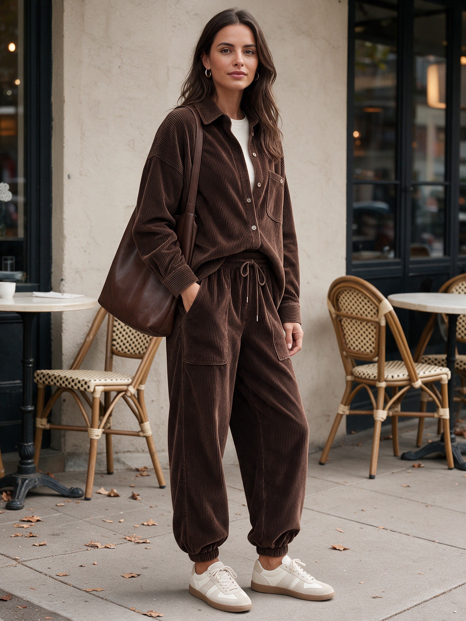 Women's Retro Corduroy Shirt And Jogger Pants Set