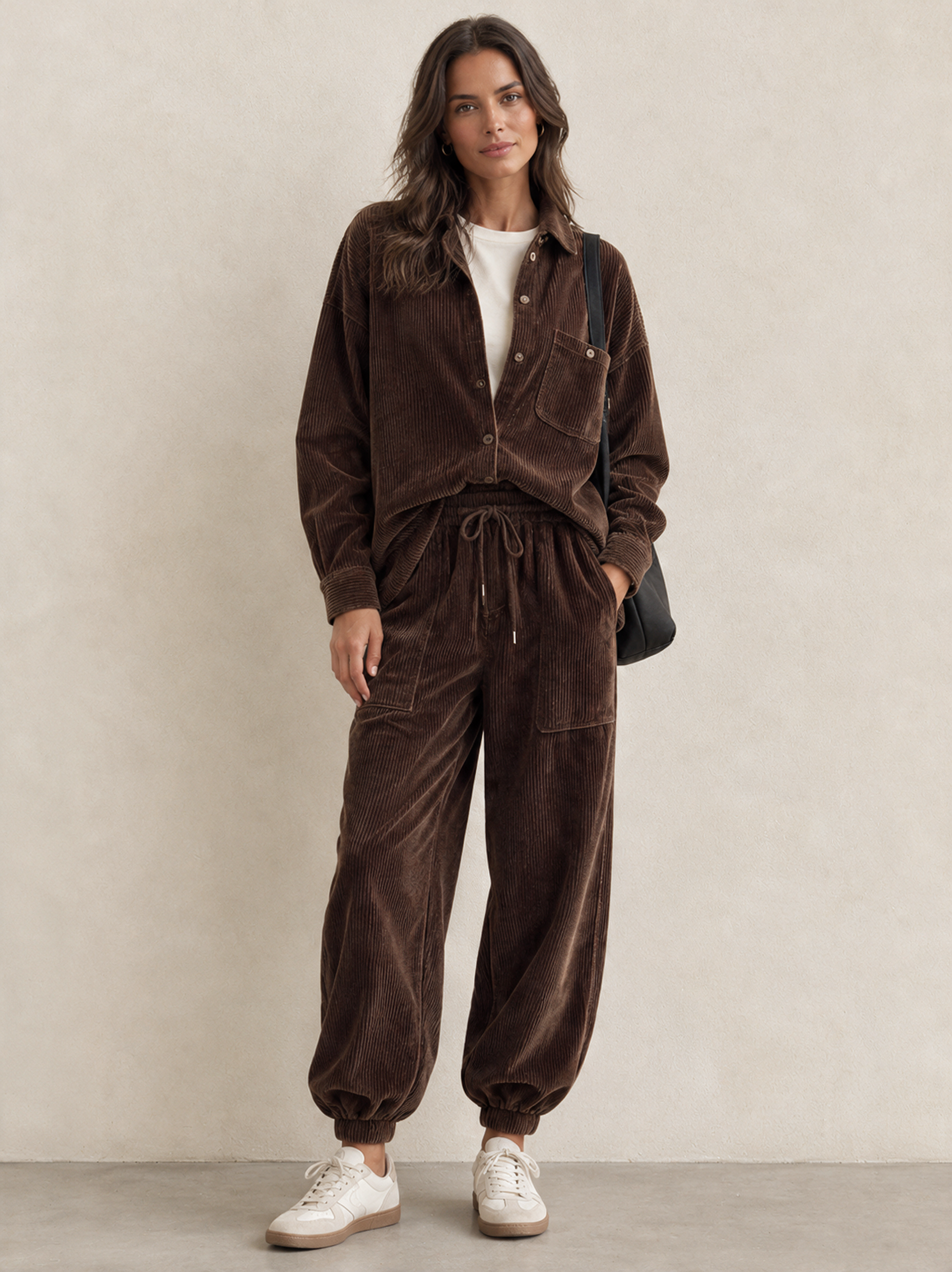 Women's Retro Corduroy Shirt And Jogger Pants Set