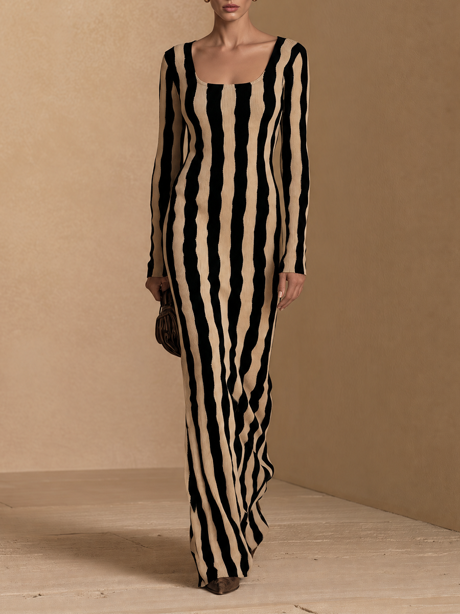 Women's Ribbed Knit Long Sleeve Maxi Dress with Wavy Stripes