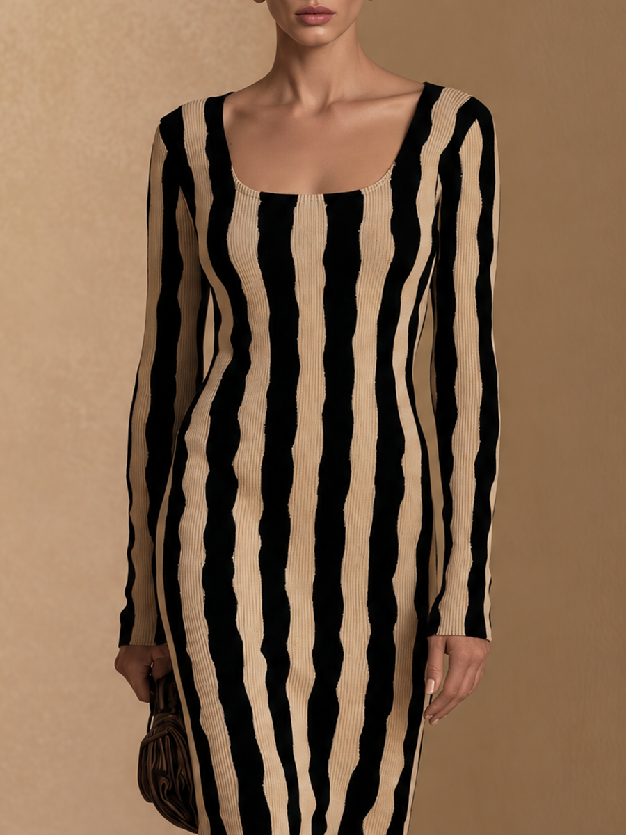 Women's Ribbed Knit Long Sleeve Maxi Dress with Wavy Stripes
