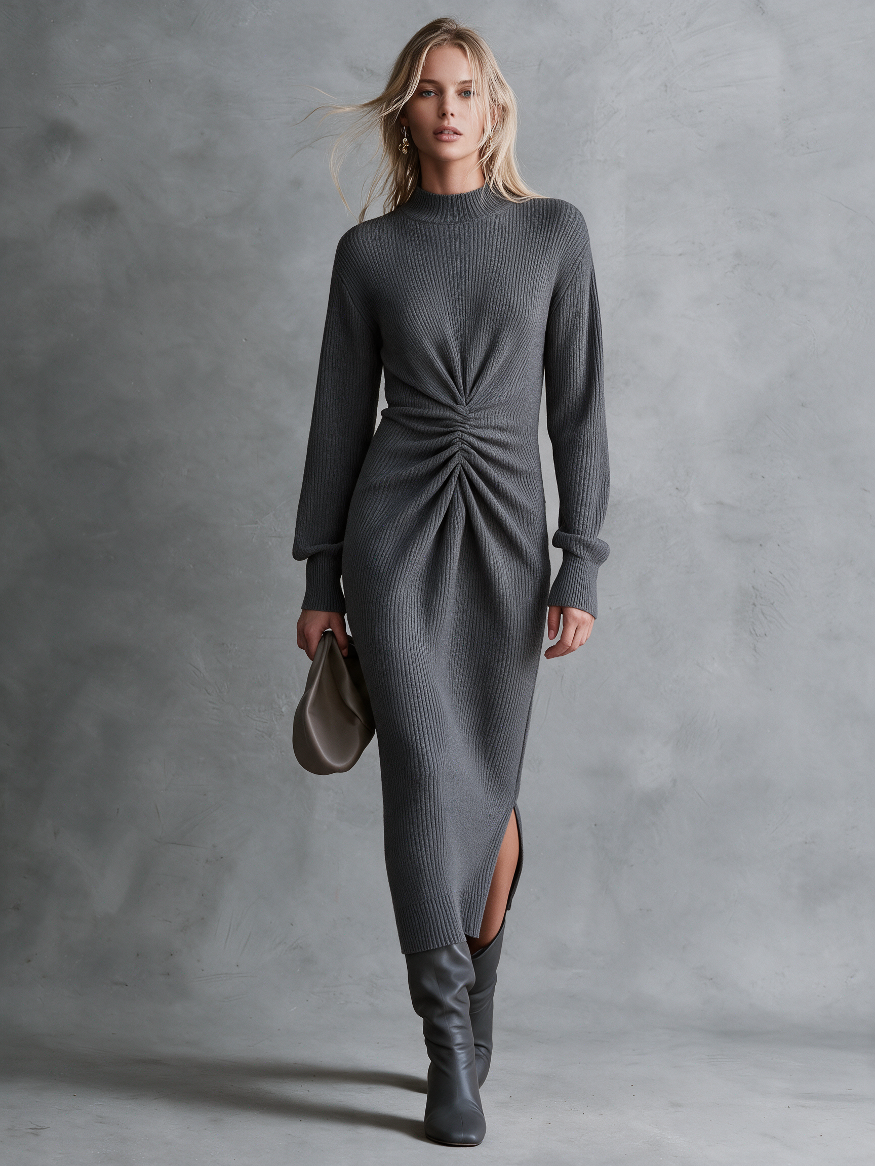 Women's Mock Neck Ruched Front Ribbed Knit Midi Dress