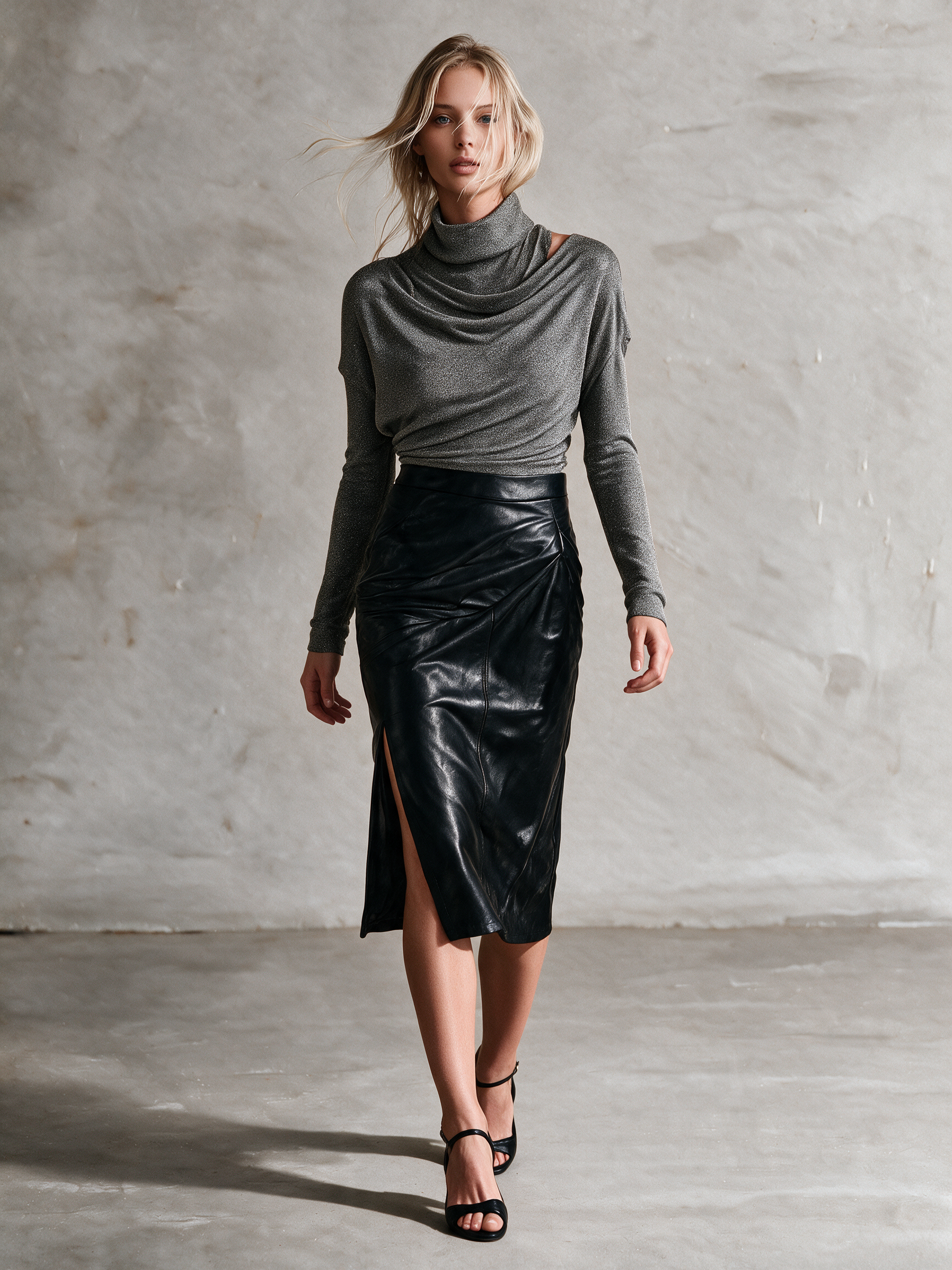 Women's Draped Sparkle Knit Top & Faux Leather Midi Skirt Two-Piece Set