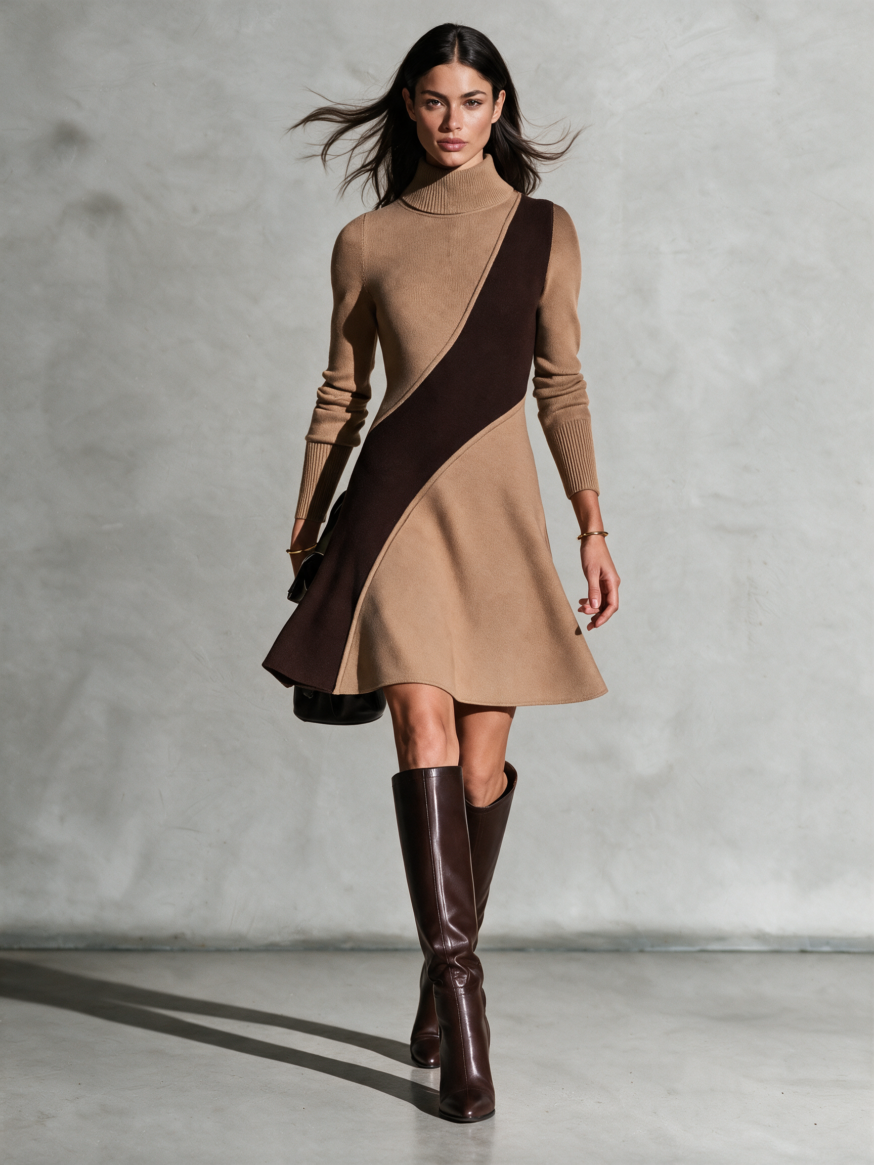 Women's Turtleneck Diagonal Color-Block Knit A-Line Mini Dress