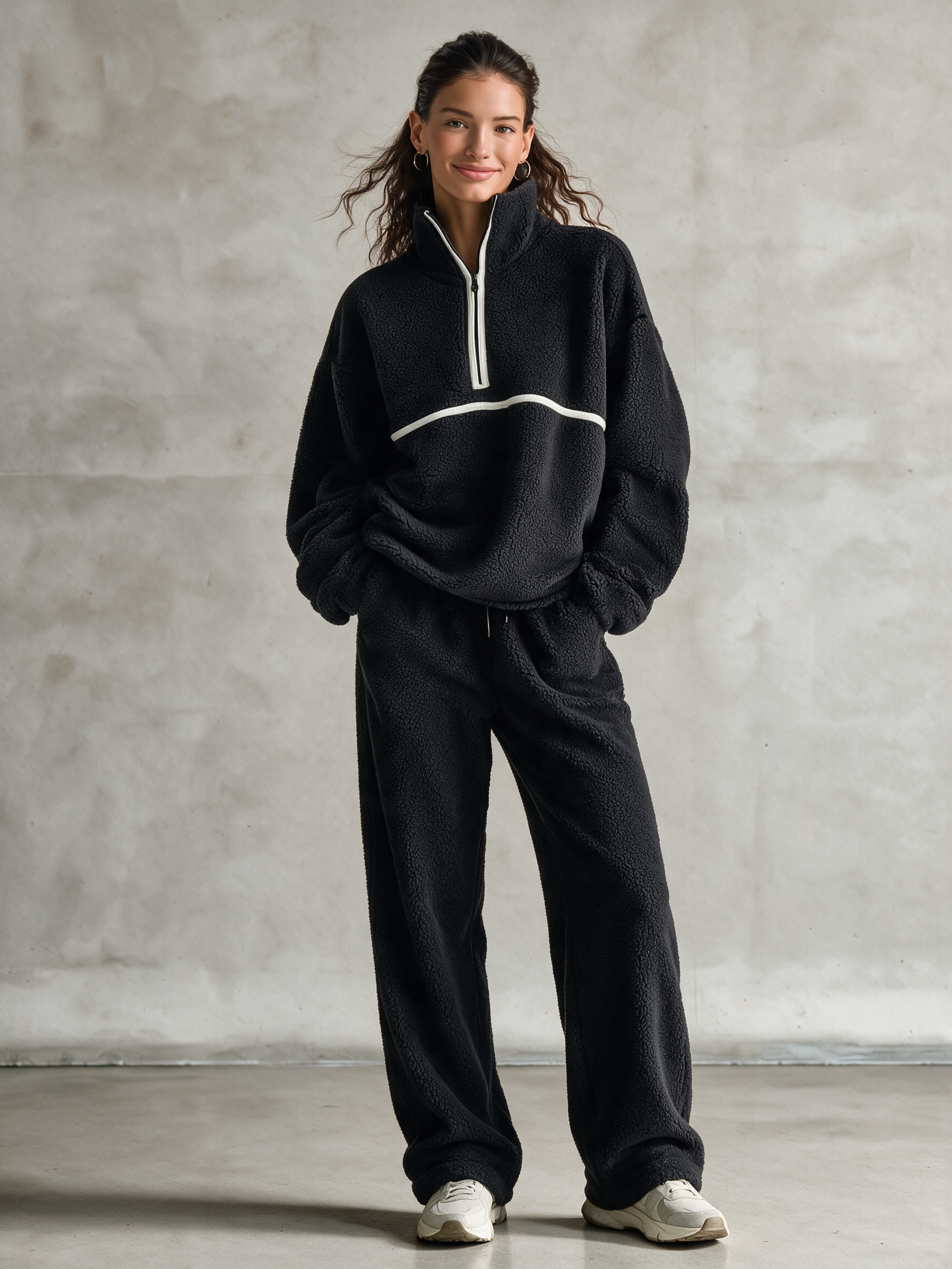 Women's Half-Zip Contrast Stripe Sherpa Two-Piece Set