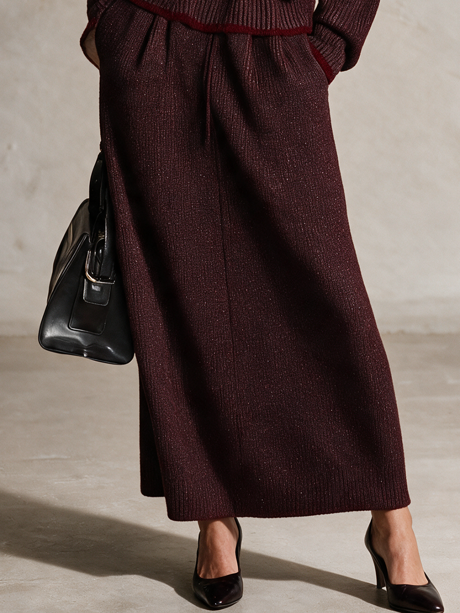 Women's Drawstring Waist Sparkle Rib Knit Midi Skirt