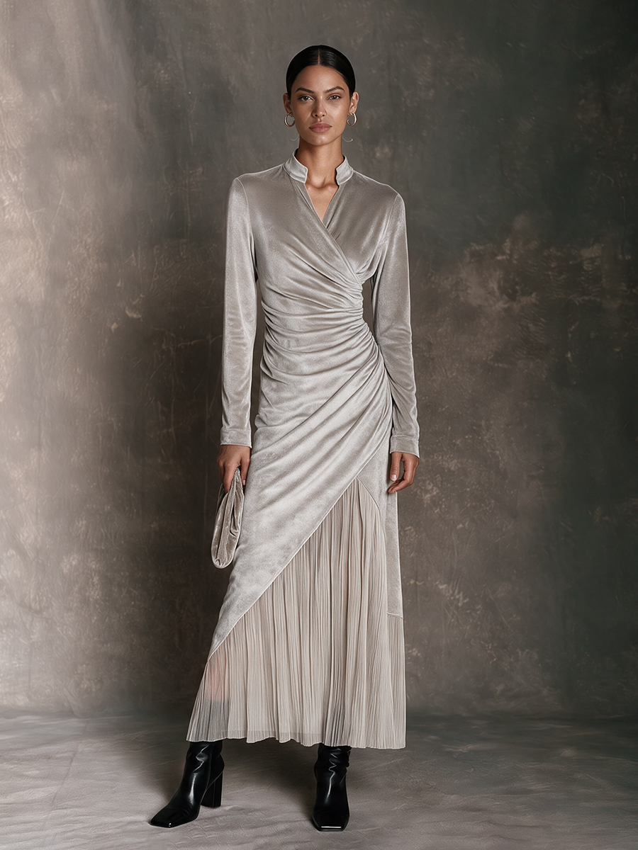 Women's Silver Grey Velvet Stand Collar Wrap Pleated Panel Maxi Dress