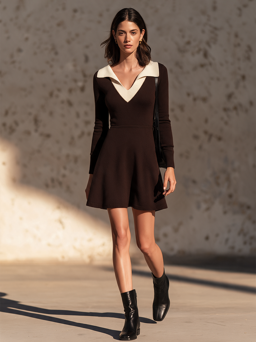 Women's Dark Coffee Wool Knit Cream Collar V-Neck A-Line Mini Dress