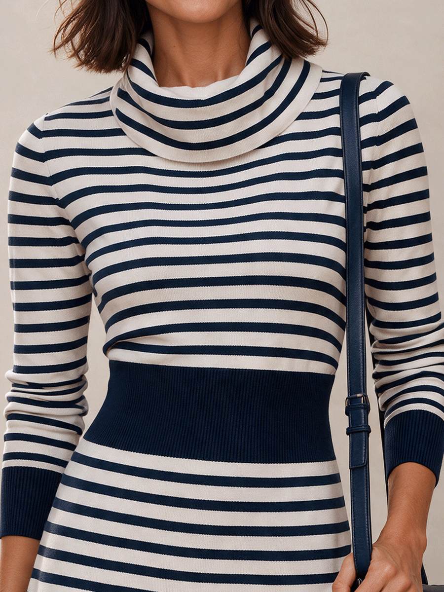 Women's Retro Striped Knit Cowl-Neck Mini Dress
