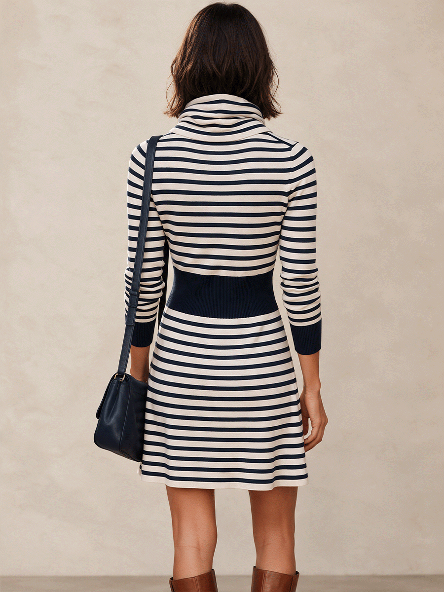 Women's Retro Striped Knit Cowl-Neck Mini Dress