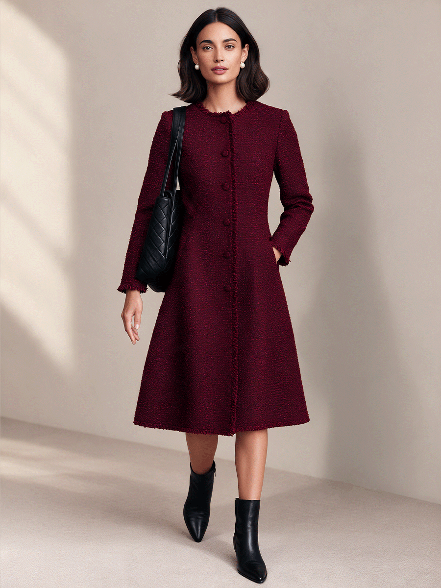Women's Elegant Frayed-Trim Round-Neck Tweed Midi Dress