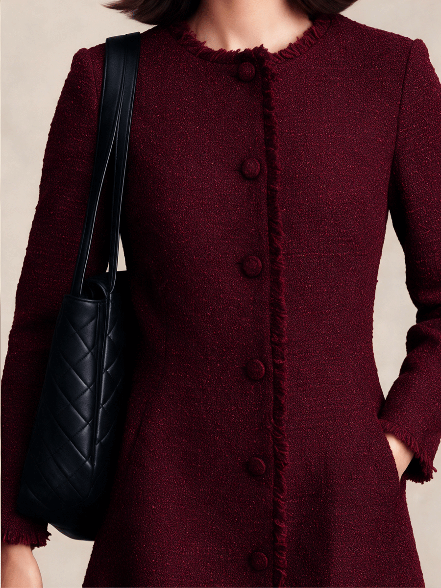 Women's Elegant Frayed-Trim Round-Neck Tweed Midi Dress