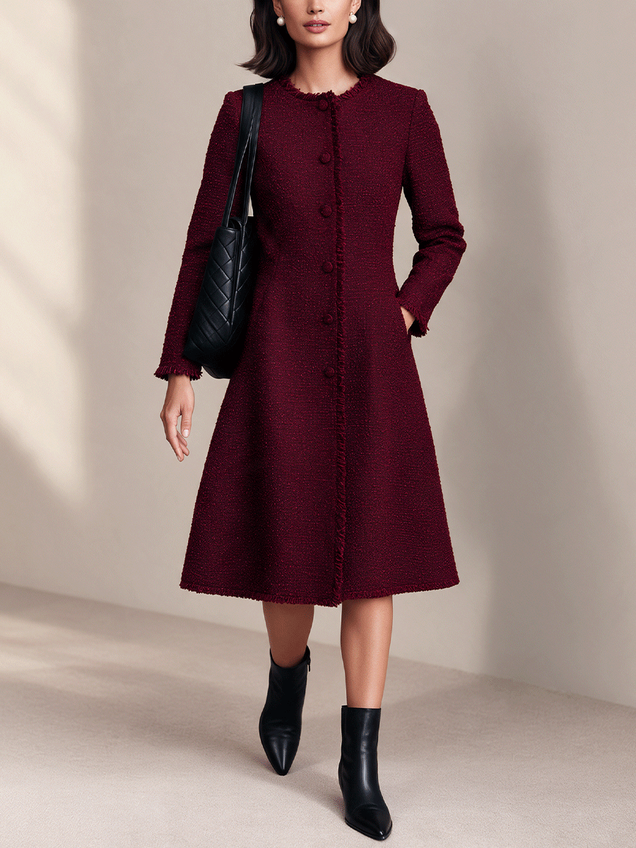 Women's Elegant Frayed-Trim Round-Neck Tweed Midi Dress