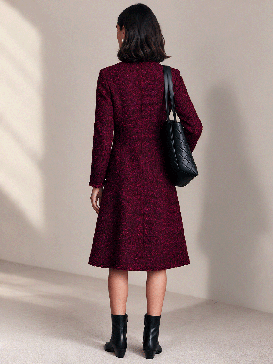 Women's Elegant Frayed-Trim Round-Neck Tweed Midi Dress