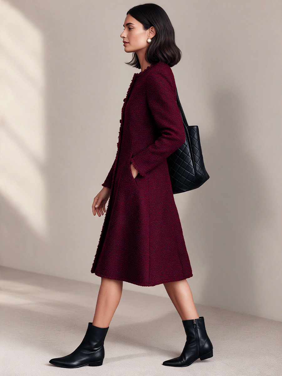 Women's Elegant Frayed-Trim Round-Neck Tweed Midi Dress