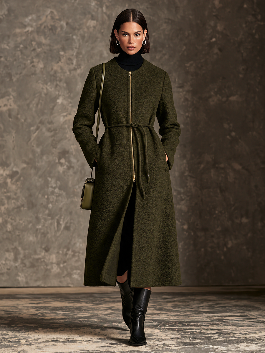 Women's Olive Green Bouclé Wool Crew Neck Front Zip Belted Midi Coat