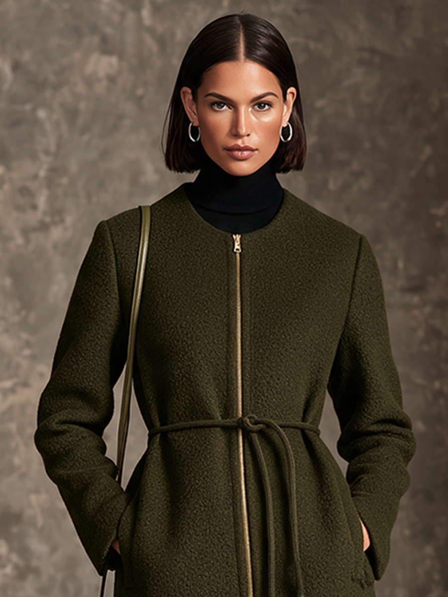 Women's Olive Green Bouclé Wool Crew Neck Front Zip Belted Midi Coat