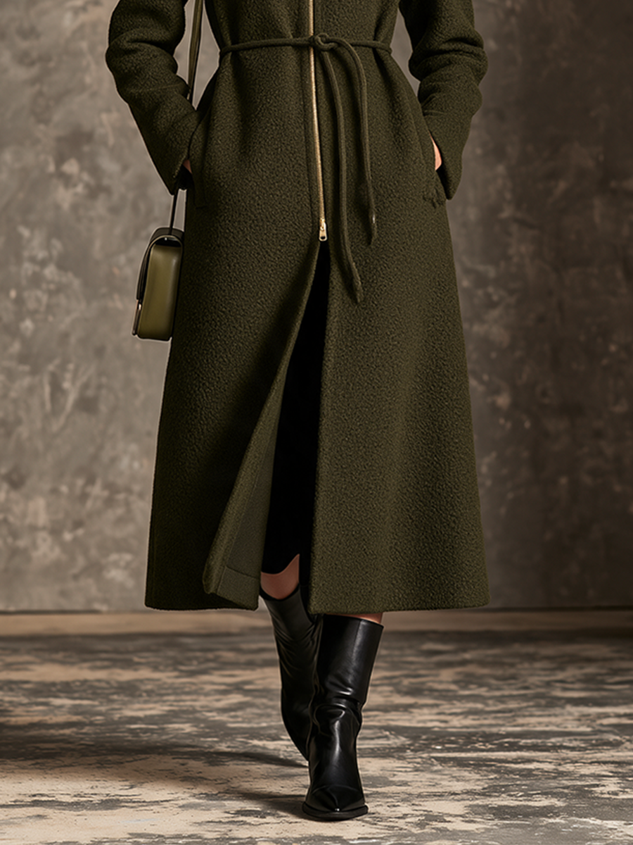 Women's Olive Green Bouclé Wool Crew Neck Front Zip Belted Midi Coat