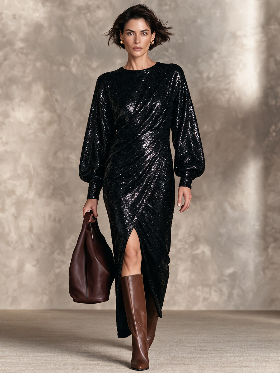 Women's Sequin Slit Maxi Dress