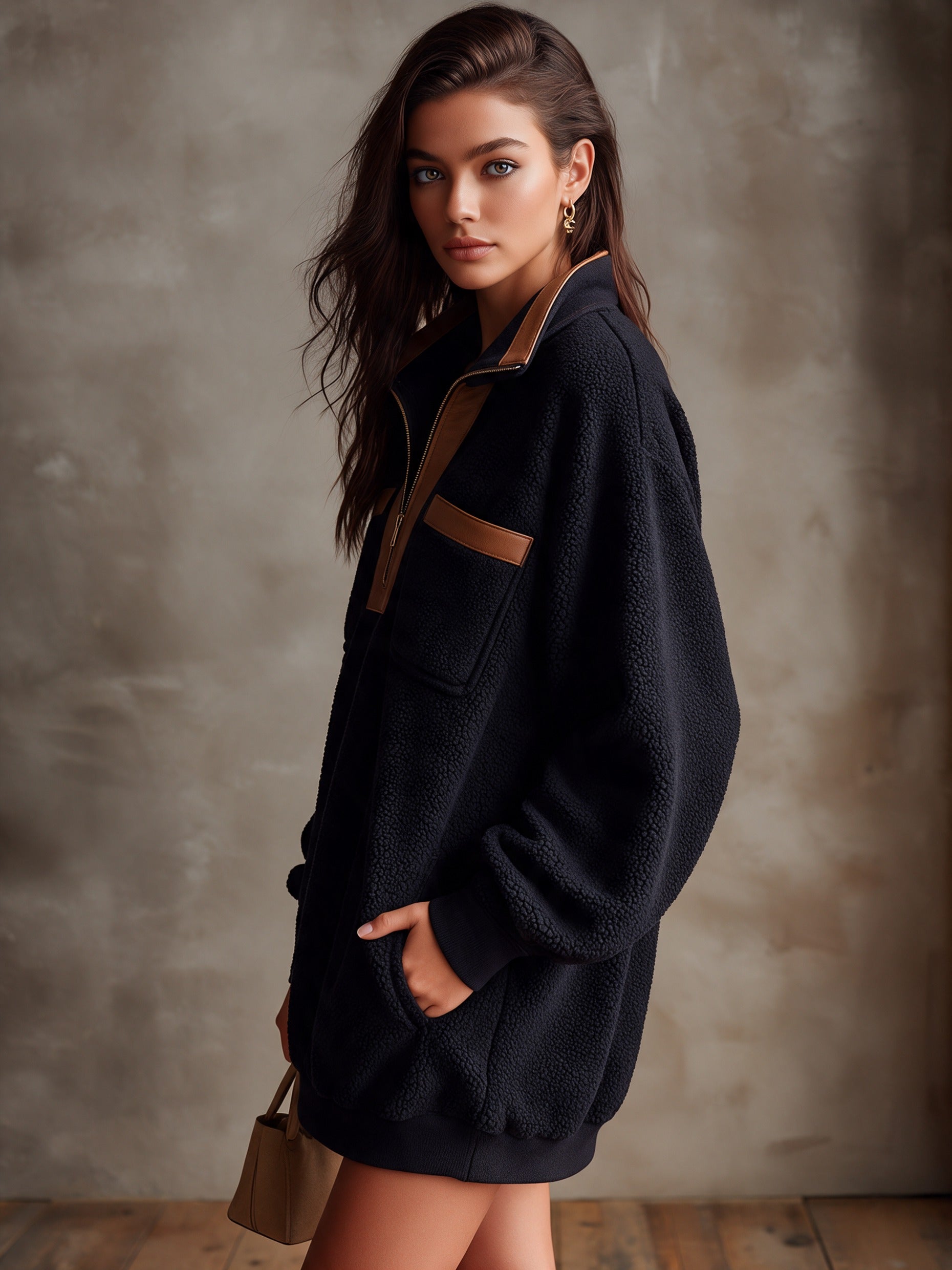 Women’s Casual Half-Zip Teddy Fleece Mini Dress With Faux Leather Paneling