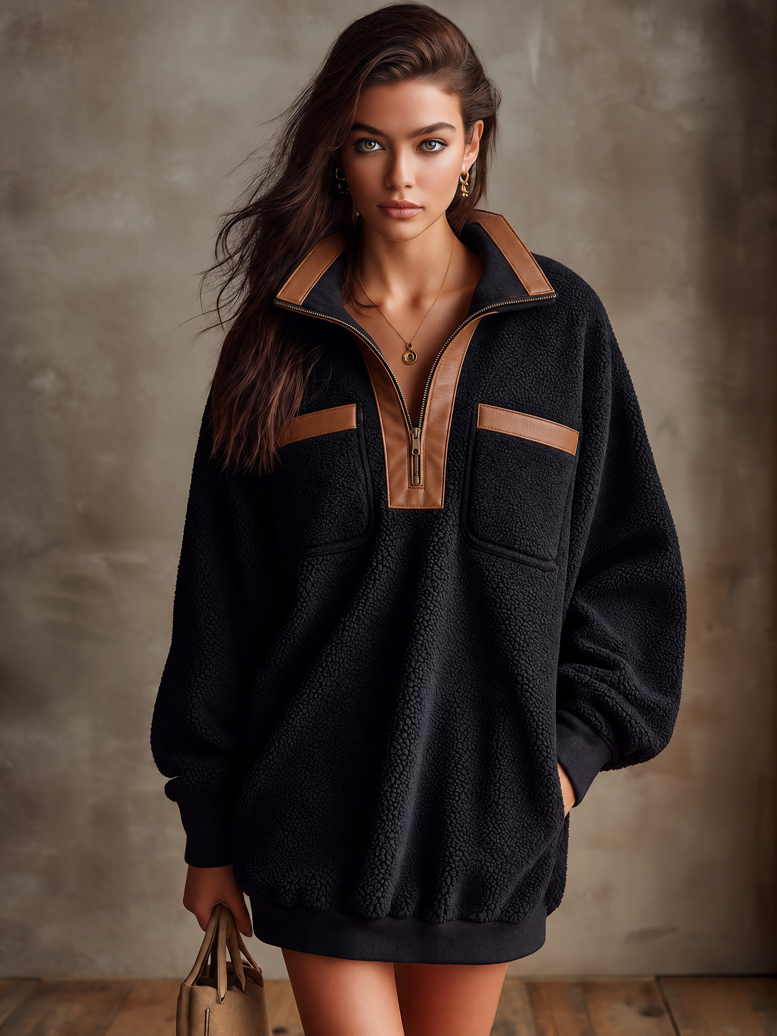 Women’s Casual Half-Zip Teddy Fleece Mini Dress With Faux Leather Paneling