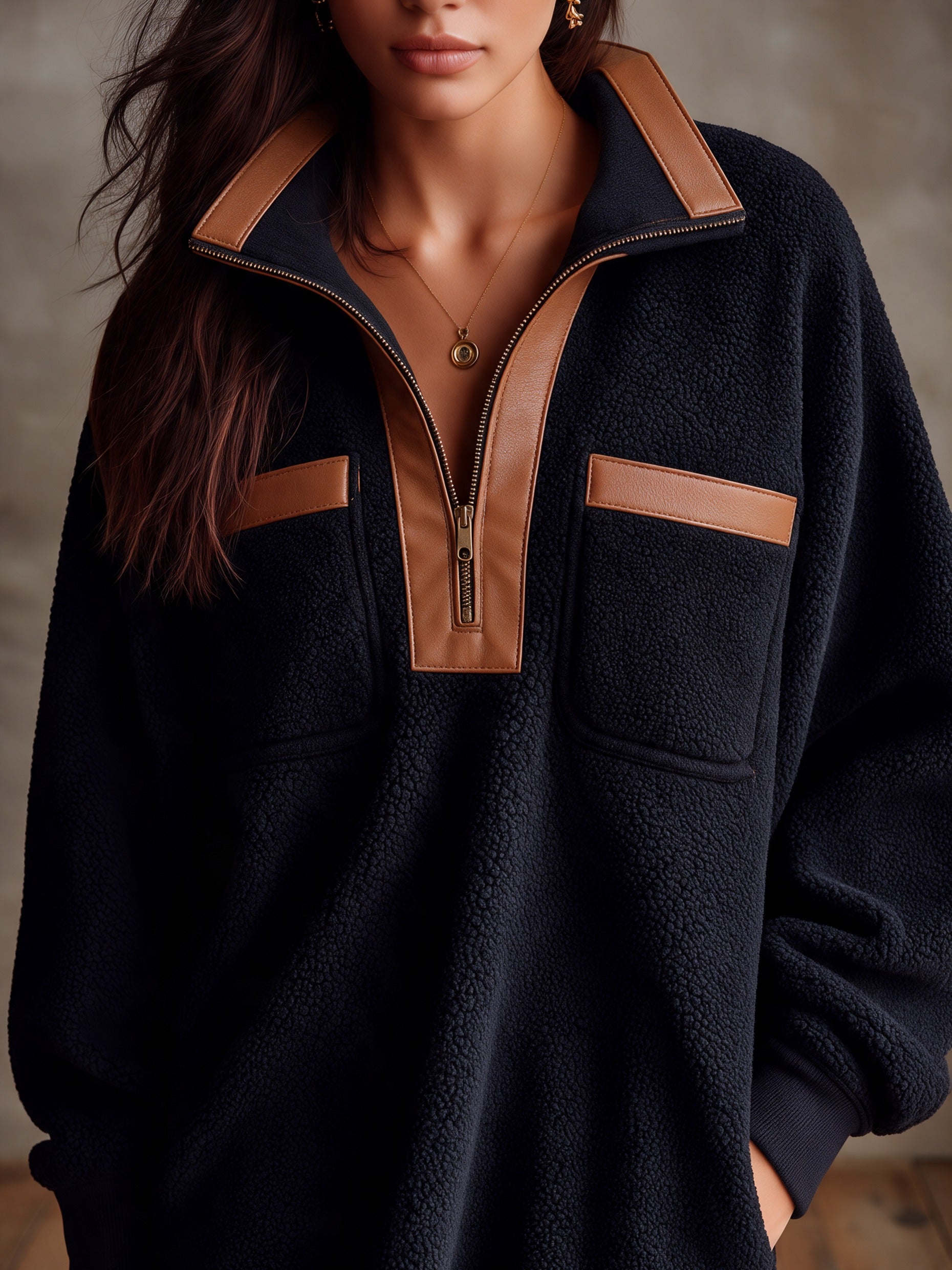 Women’s Casual Half-Zip Teddy Fleece Mini Dress With Faux Leather Paneling
