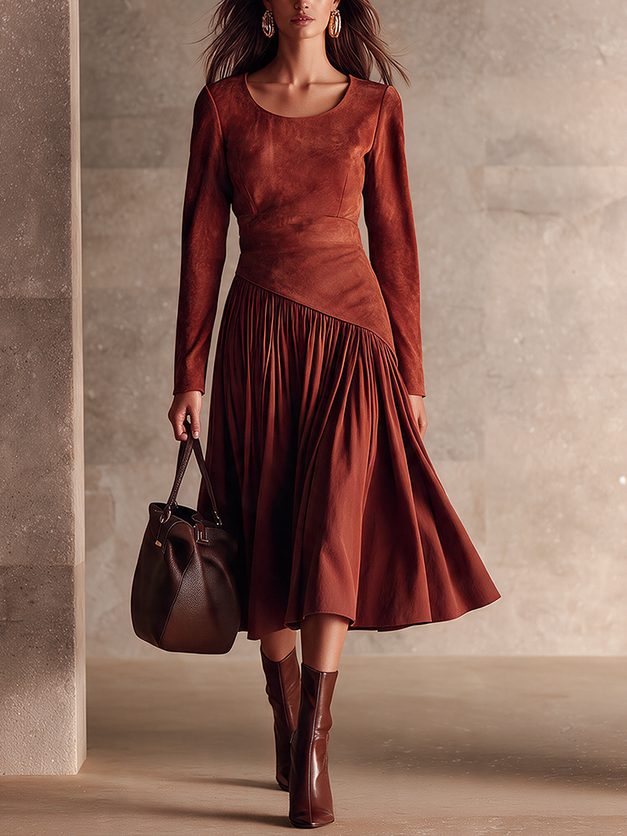 Women’s Vintage-Style Suede-Paneled Pleated Midi Dress