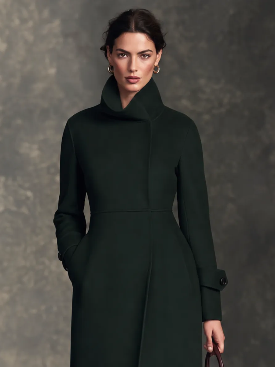 Women's Dark Green Wool High Collar Cinched-Waist A-Line Midi Coat