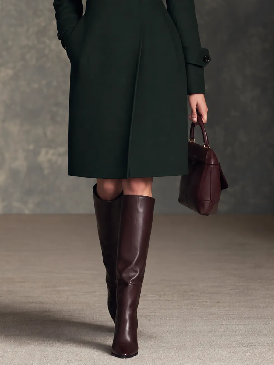 Women's Dark Green Wool High Collar Cinched-Waist A-Line Midi Coat