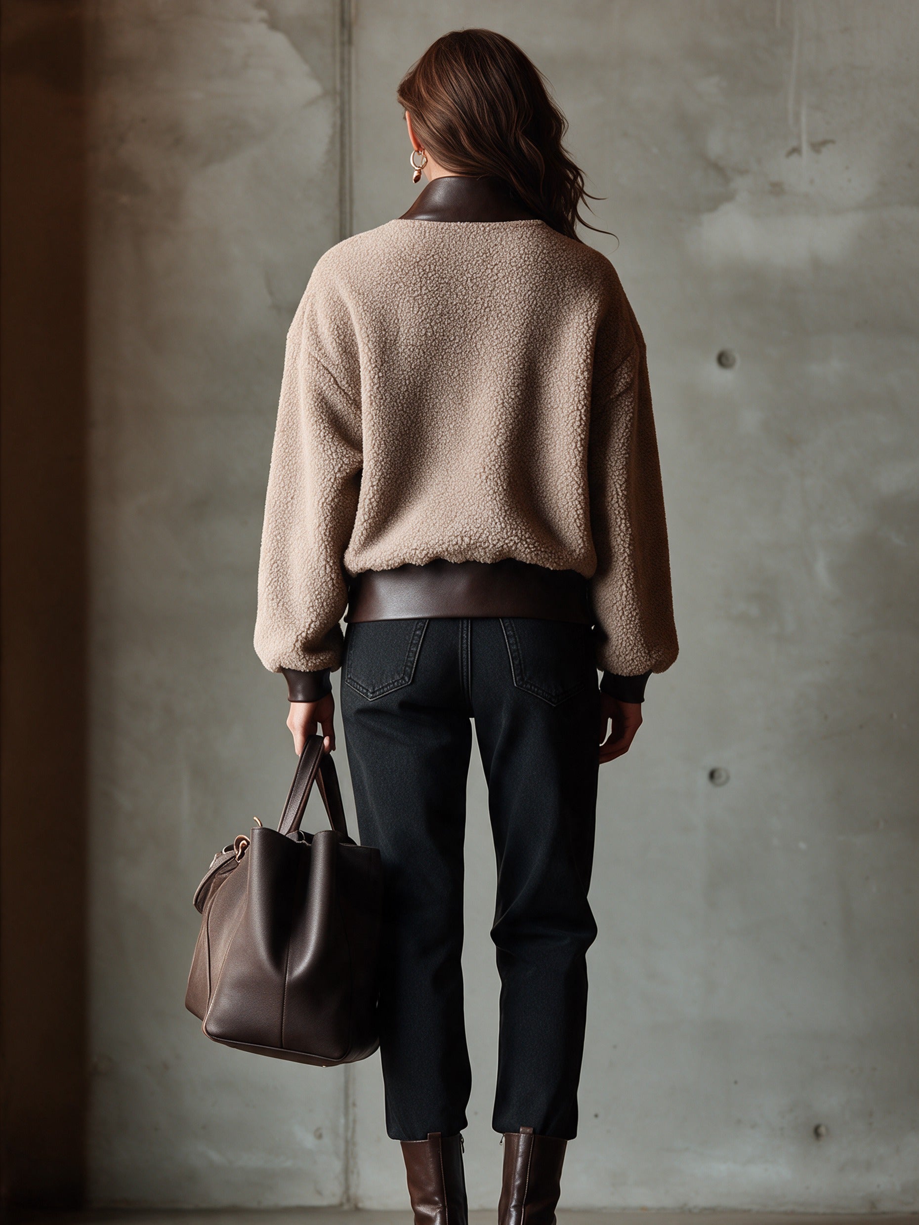 Women’s Casual Half-Zip Faux-Leather & Faux-Shearling Sweatshirt