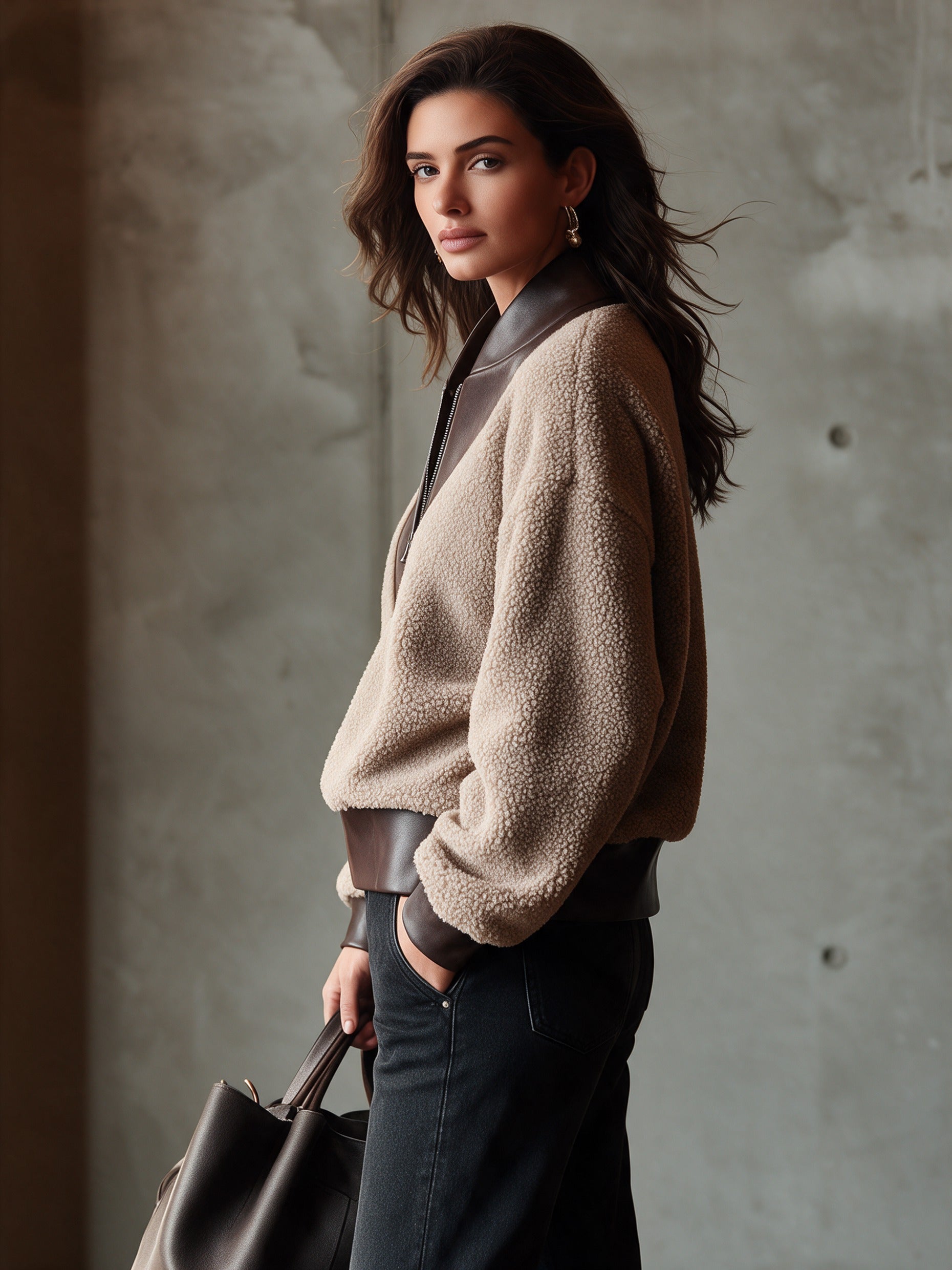Women’s Casual Half-Zip Faux-Leather & Faux-Shearling Sweatshirt