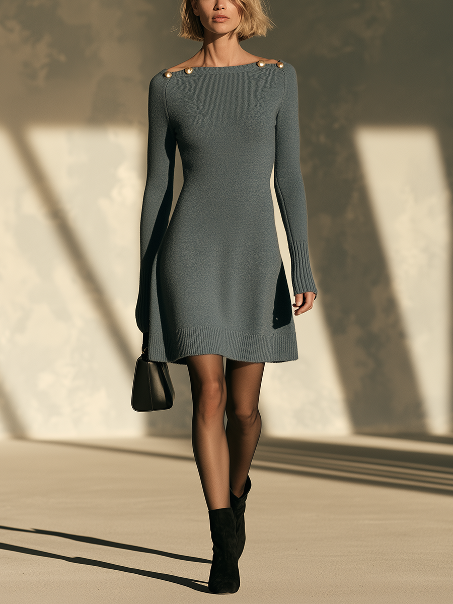 Women’s Elegant Off-Shoulder Knit Mini Dress With Gold-Tone Accents