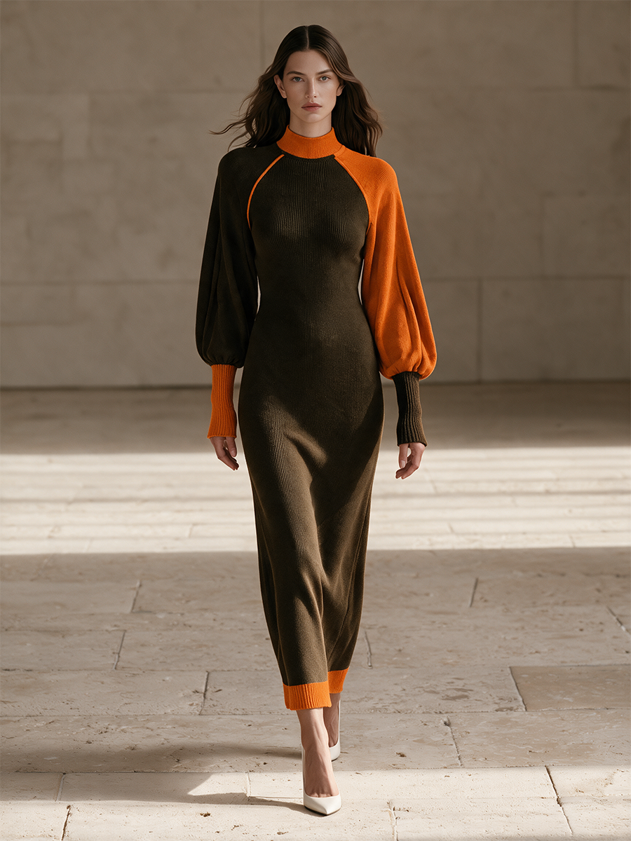 Women's Color Block Turtleneck Maxi Dress