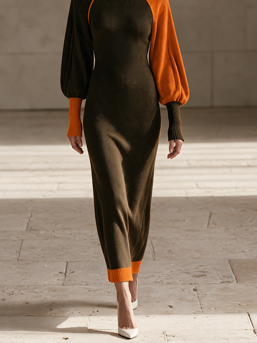 Women's Color Block Turtleneck Maxi Dress