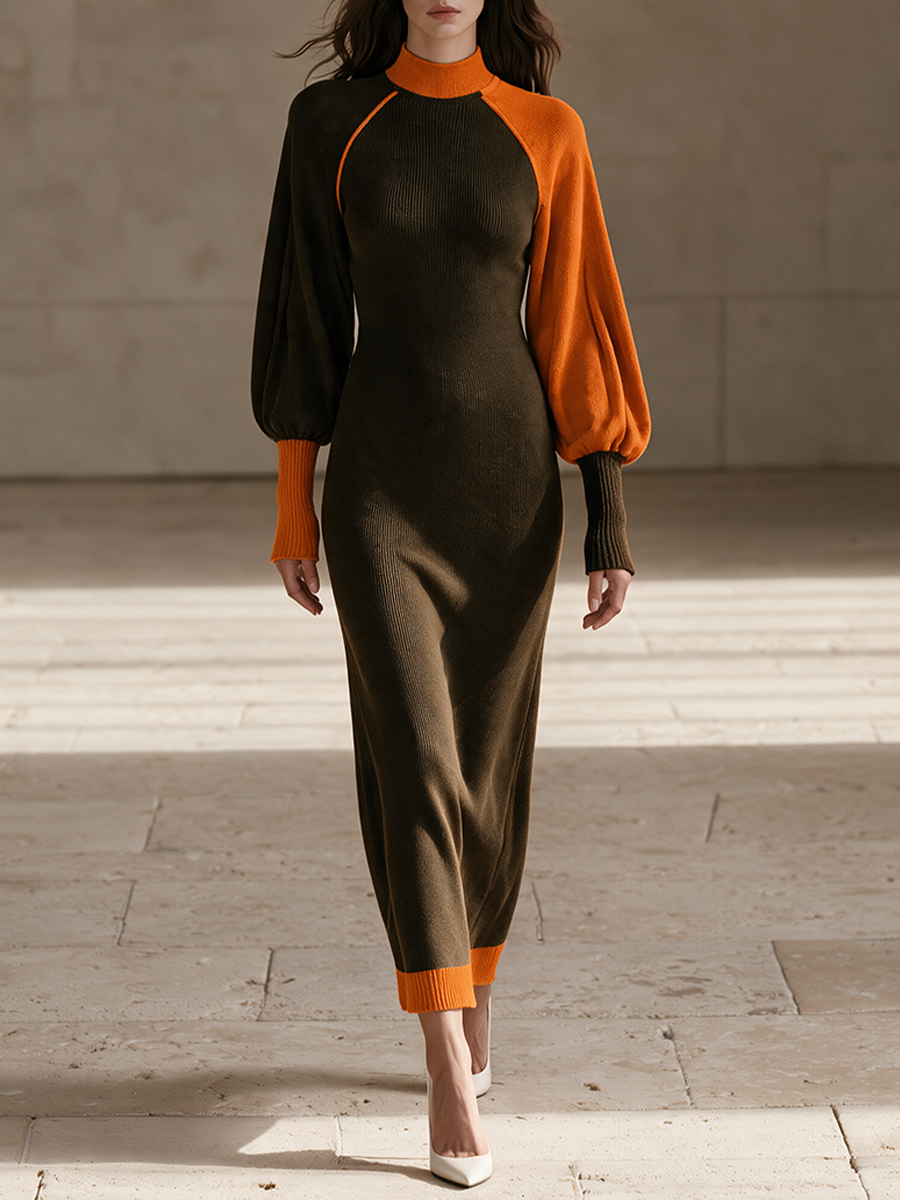 Women's Color Block Turtleneck Maxi Dress