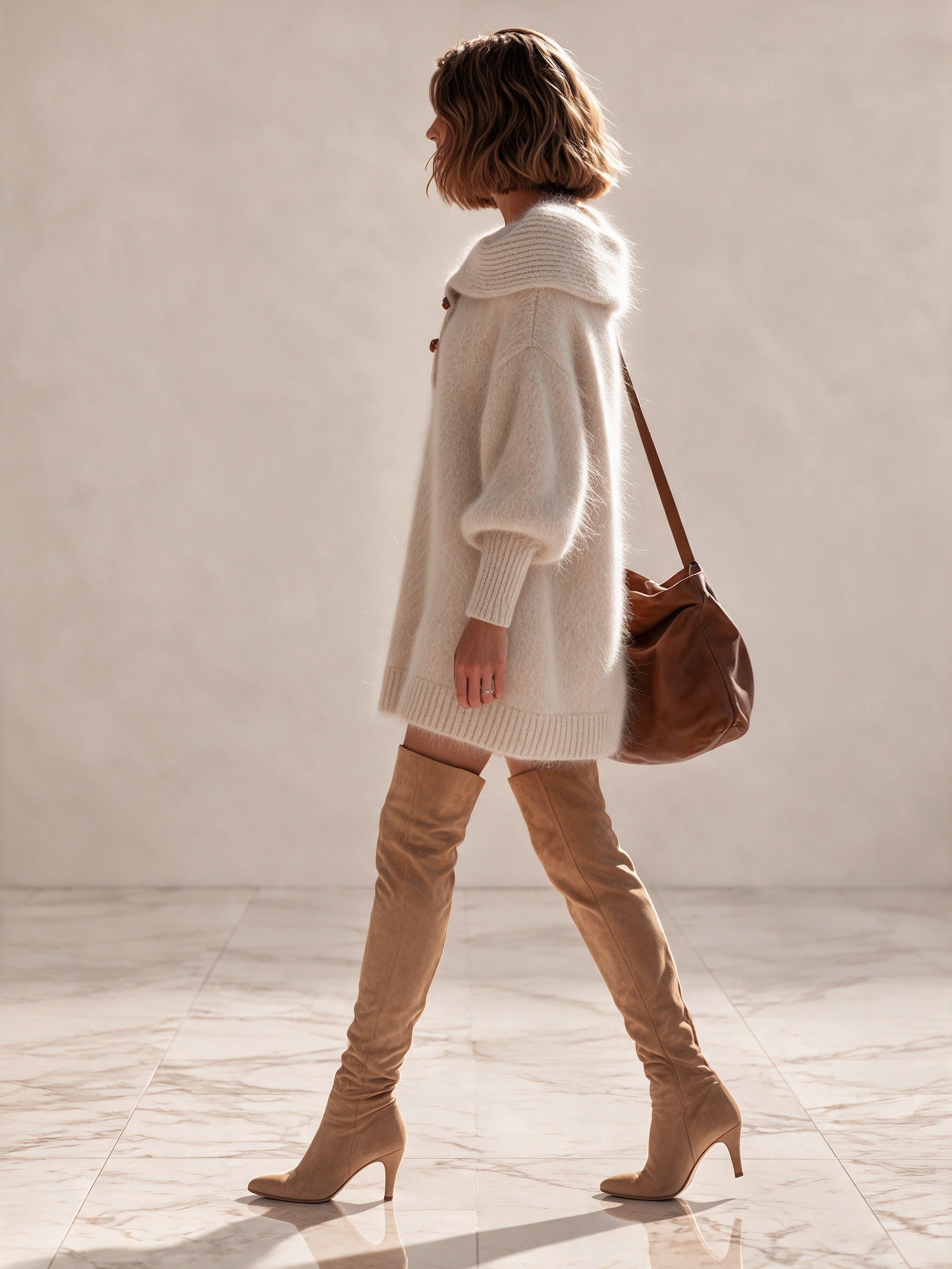 Women’s Soft Mohair Knit Mini Dress With Oversized Lapel And Toggle Buttons