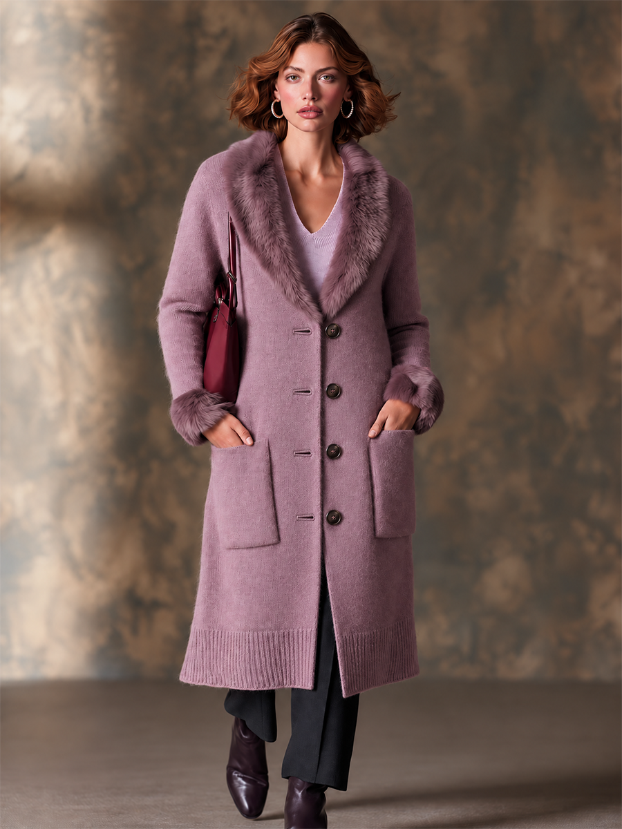 Mauve Longline Knit Cardigan Coat with Faux Fur Trim