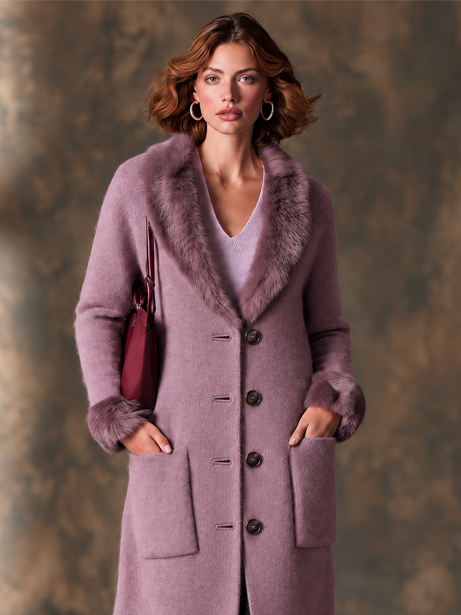 Mauve Longline Knit Cardigan Coat with Faux Fur Trim