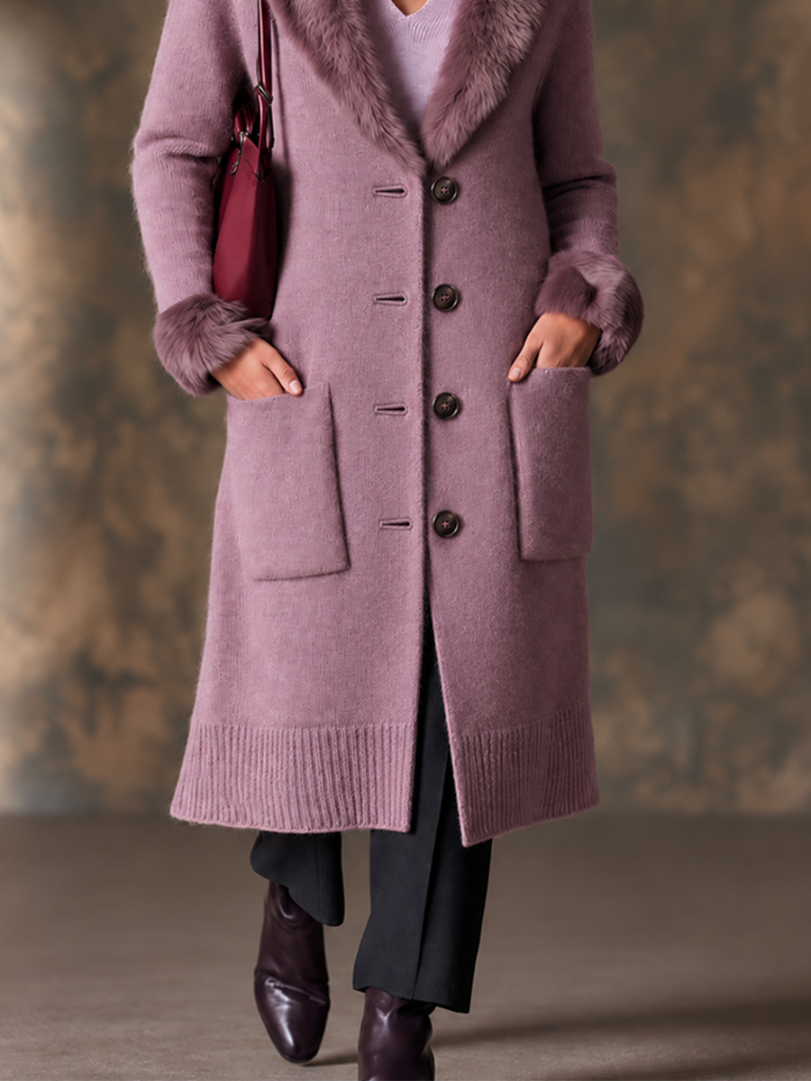 Mauve Longline Knit Cardigan Coat with Faux Fur Trim