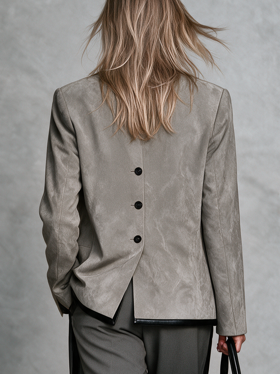 Women's Contrast Leather Trim Suede Double-Breasted Blazer