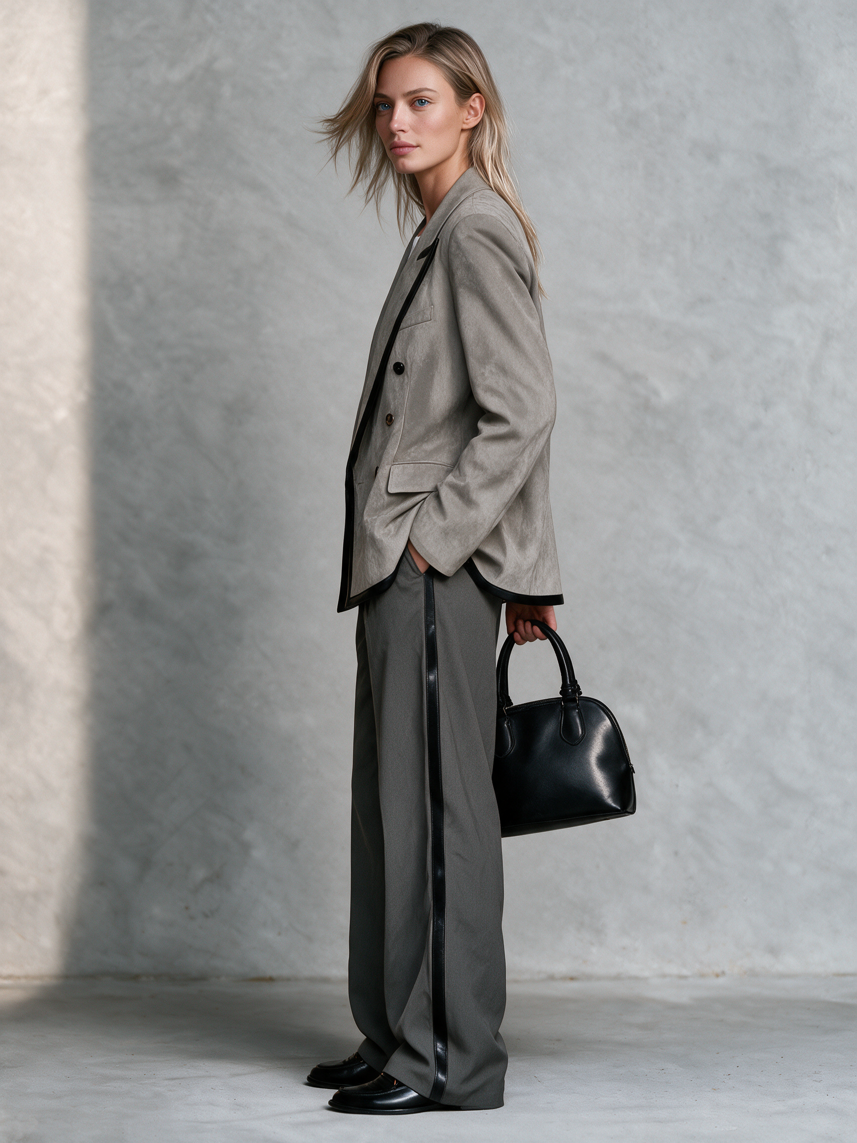 Women's Contrast Leather Trim Suede Double-Breasted Blazer