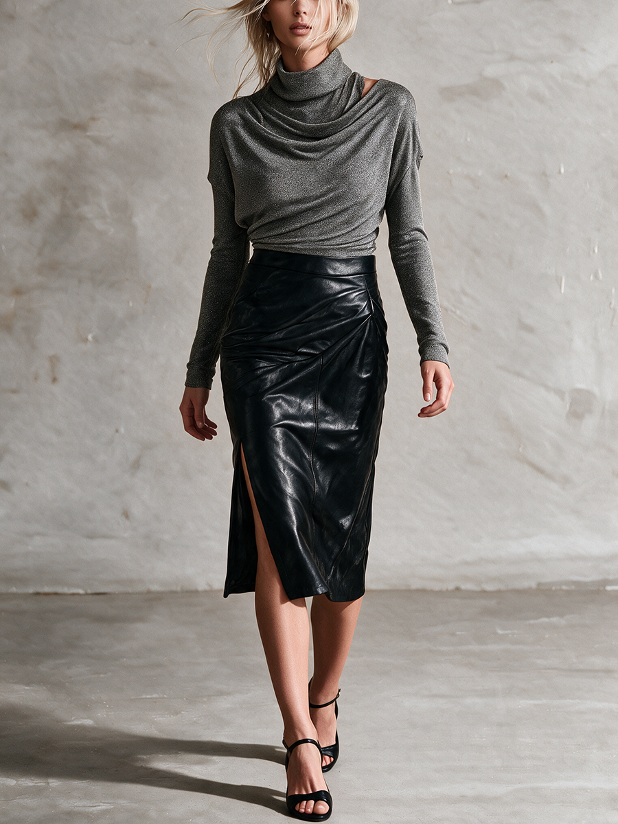 Women's Draped Sparkle Knit Top & Faux Leather Midi Skirt Two-Piece Set