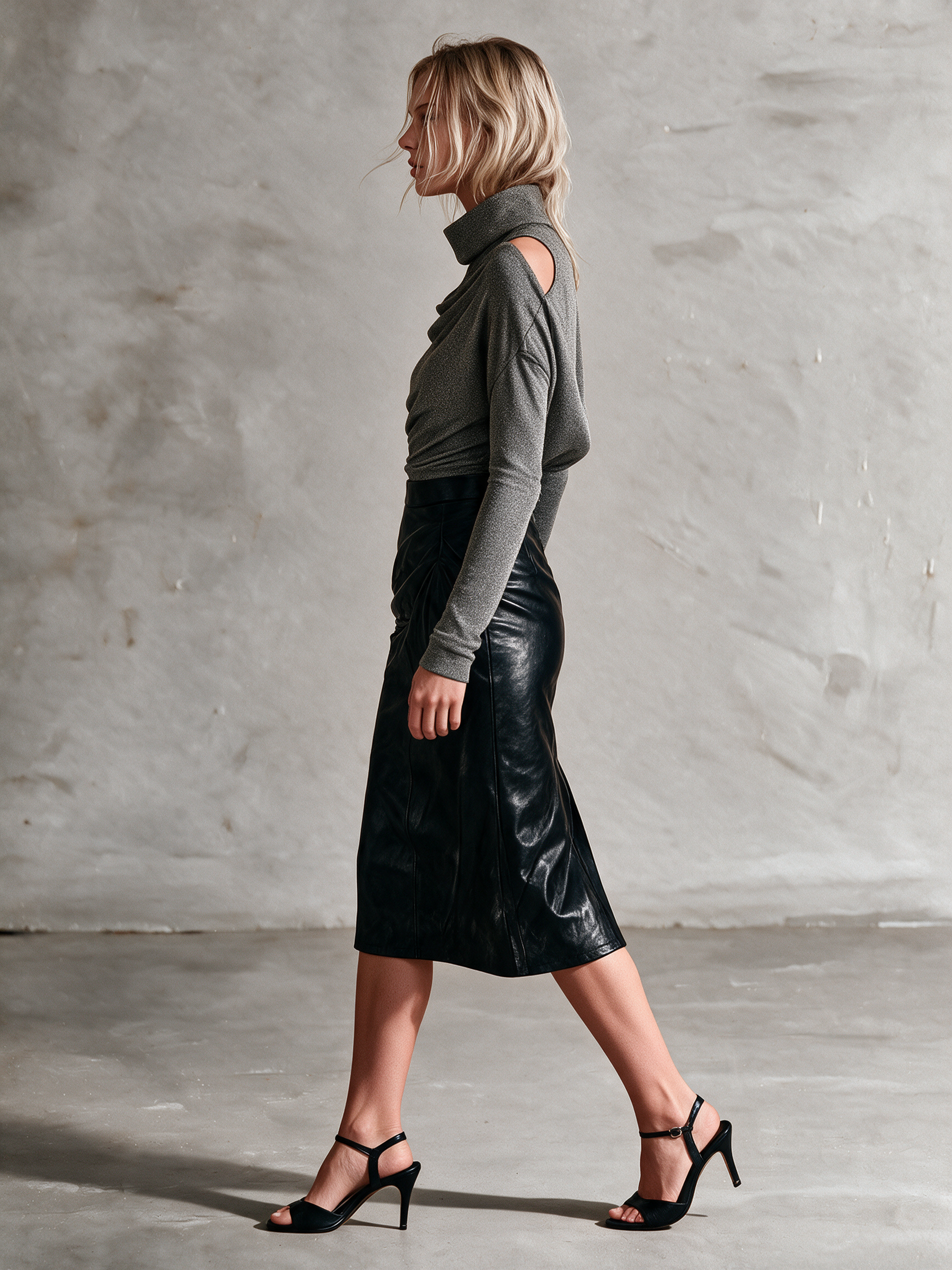 Women's Draped Sparkle Knit Top & Faux Leather Midi Skirt Two-Piece Set