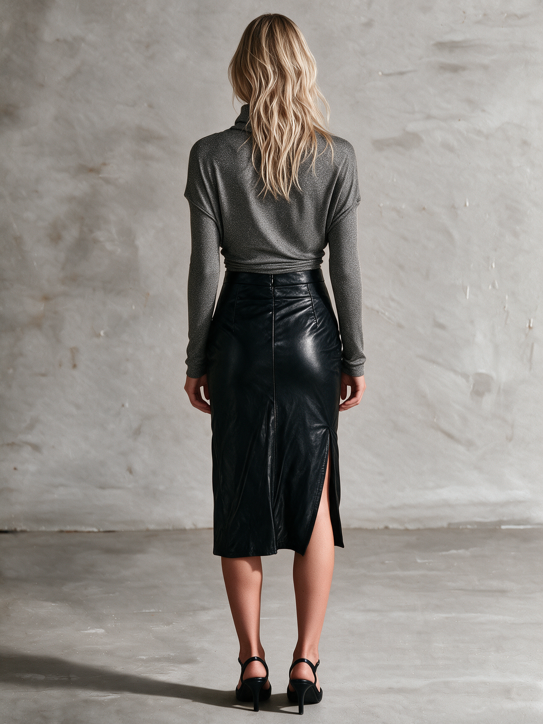 Women's Draped Sparkle Knit Top & Faux Leather Midi Skirt Two-Piece Set