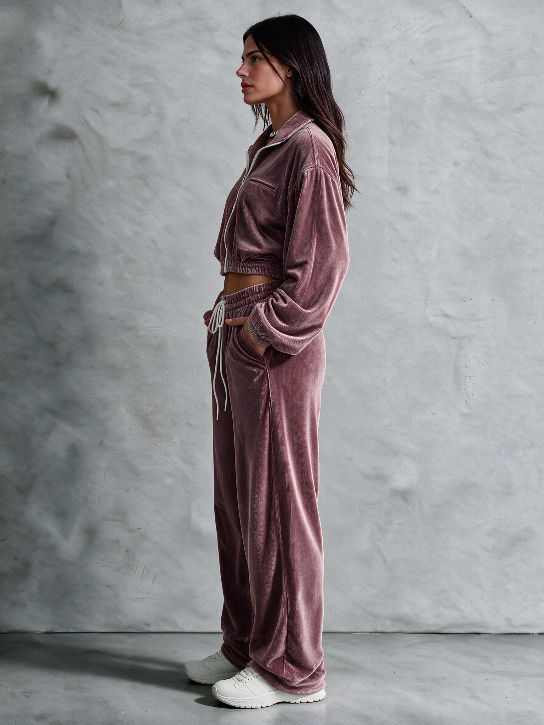 Women's Cropped Zip‑Up Corduroy Velvet Two‑Piece Tracksuit Set