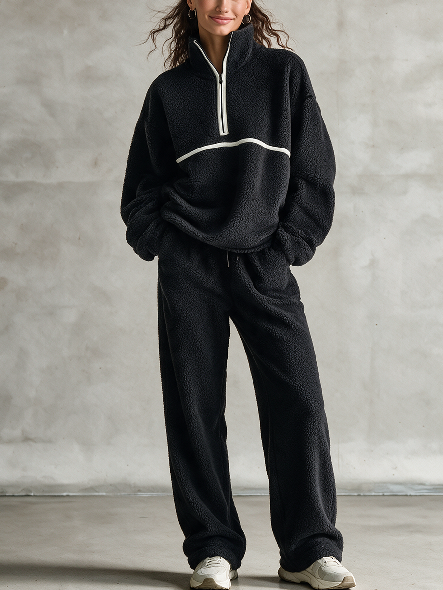 Women's Half-Zip Contrast Stripe Sherpa Two-Piece Set