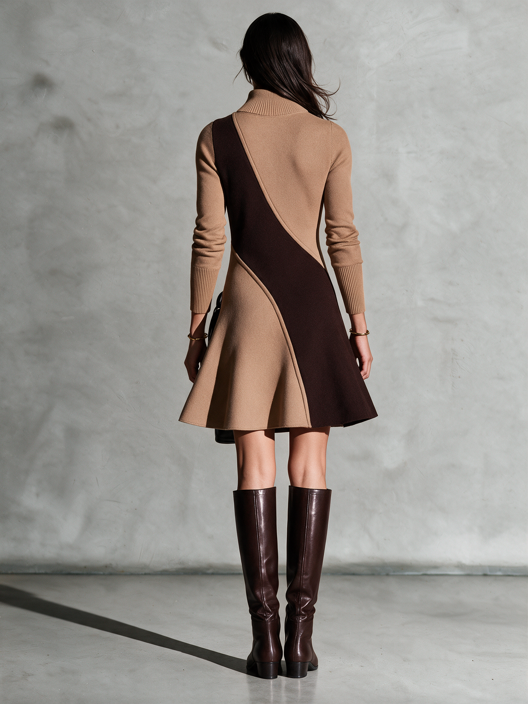Women's Turtleneck Diagonal Color-Block Knit A-Line Mini Dress