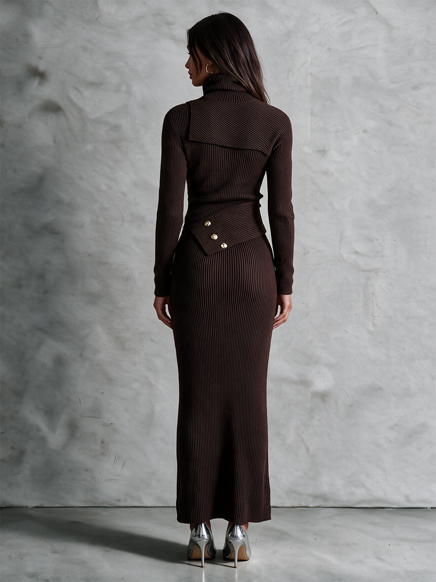 Women's Turtleneck Asymmetric Button Ribbed Knit Maxi Dress
