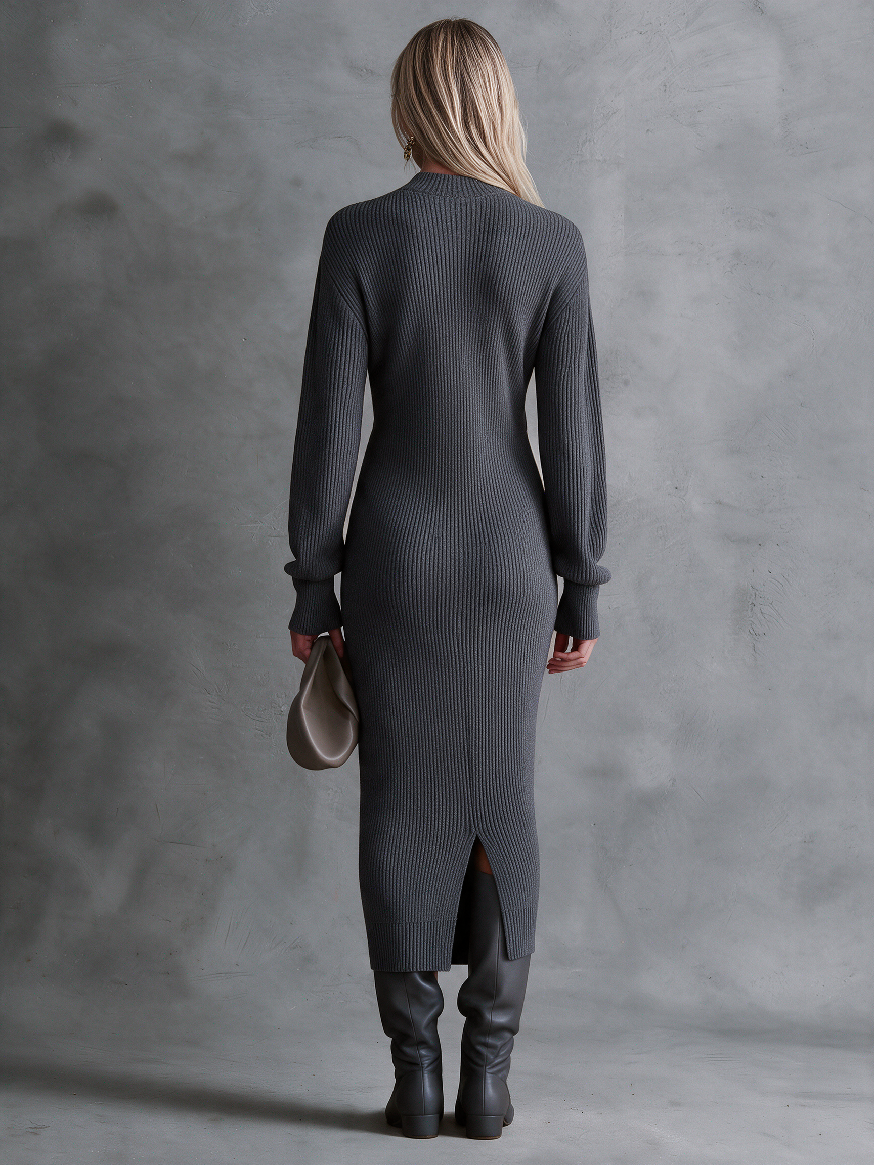 Women's Mock Neck Ruched Front Ribbed Knit Midi Dress